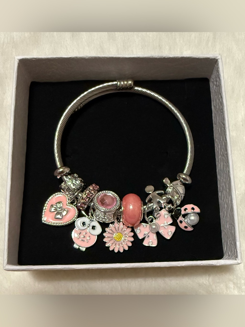 Stainless Steel Pink Charm Bangle Bracelet with Flower, Owl & Bow Charms